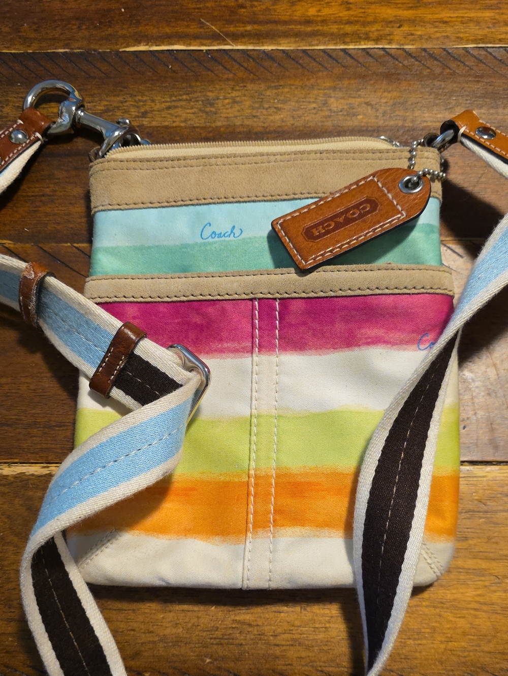 Coach Hamptons Watercolor Stripe Swing Canvas Crossbody with Leather Trim
